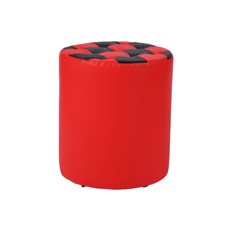 Contemporary Pouf Ottoman Faux Leather Tufted Square Pattern Cylinder Shape Ottoman