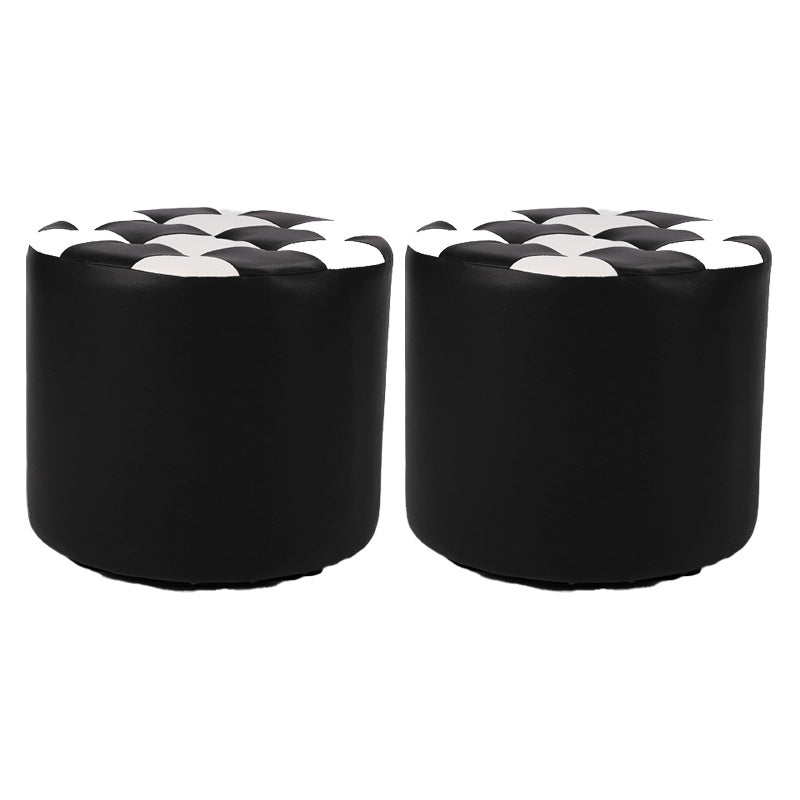 Contemporary Pouf Ottoman Faux Leather Tufted Square Pattern Cylinder Shape Ottoman