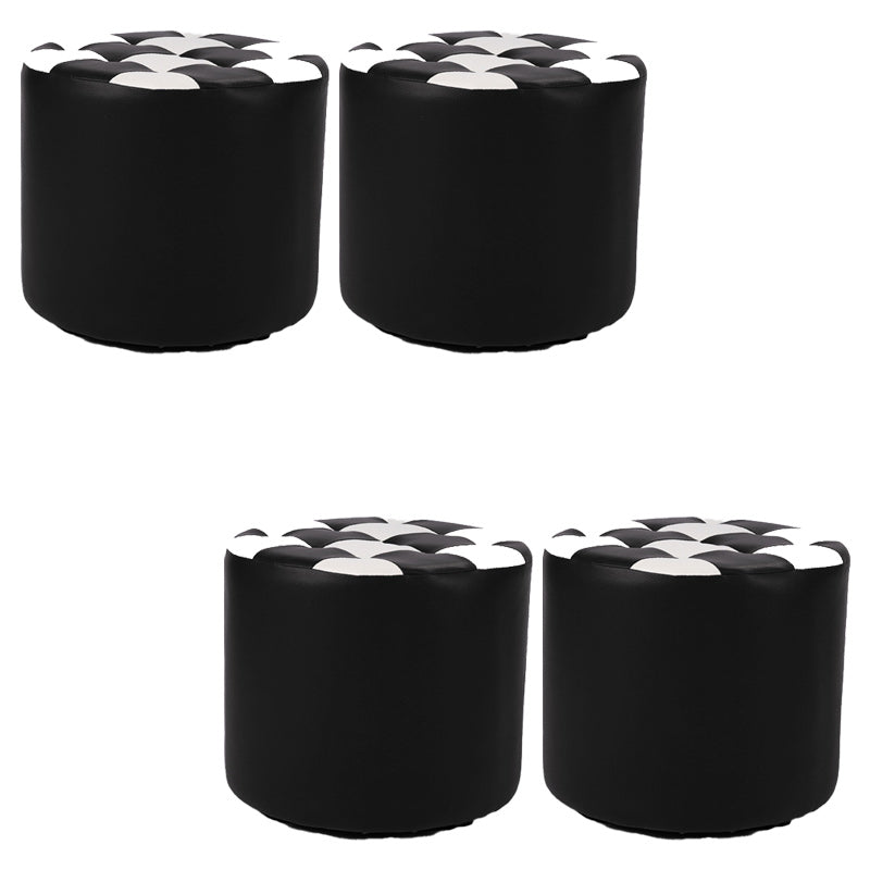 Contemporary Pouf Ottoman Faux Leather Tufted Square Pattern Cylinder Shape Ottoman