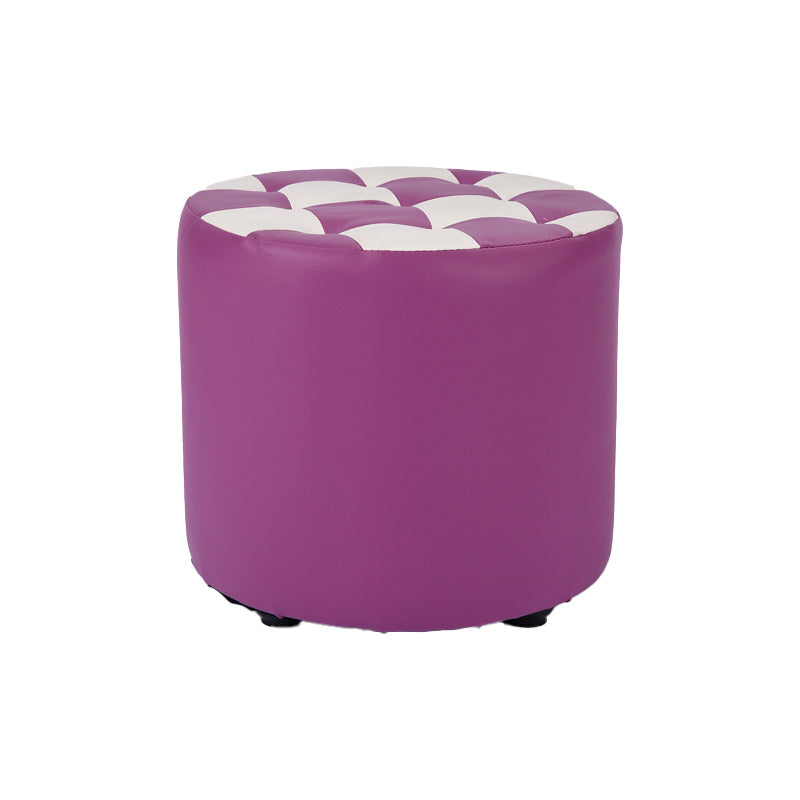 Contemporary Pouf Ottoman Faux Leather Tufted Square Pattern Cylinder Shape Ottoman