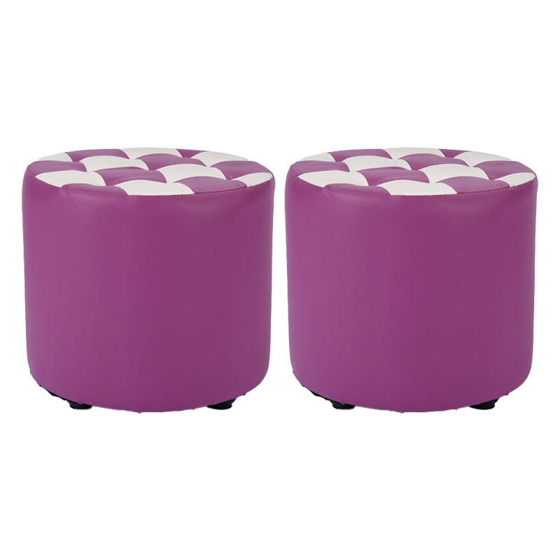 Contemporary Pouf Ottoman Faux Leather Tufted Square Pattern Cylinder Shape Ottoman