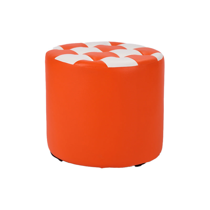 Contemporary Pouf Ottoman Faux Leather Tufted Square Pattern Cylinder Shape Ottoman