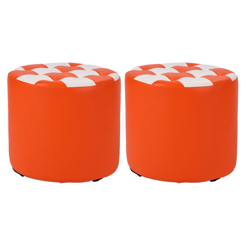 Contemporary Pouf Ottoman Faux Leather Tufted Square Pattern Cylinder Shape Ottoman