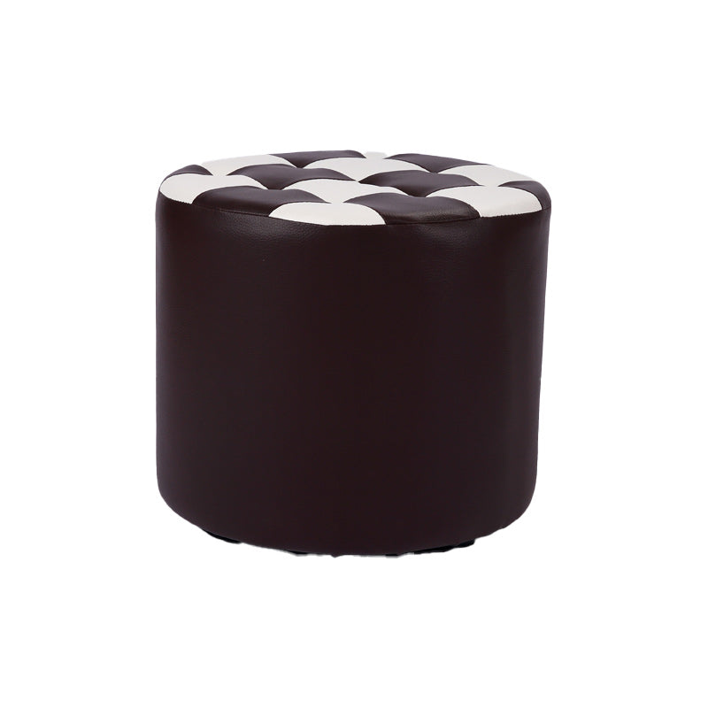 Contemporary Pouf Ottoman Faux Leather Tufted Square Pattern Cylinder Shape Ottoman