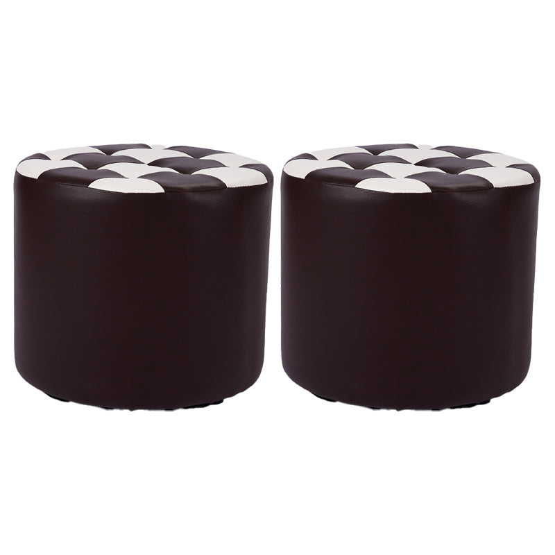 Contemporary Pouf Ottoman Faux Leather Tufted Square Pattern Cylinder Shape Ottoman
