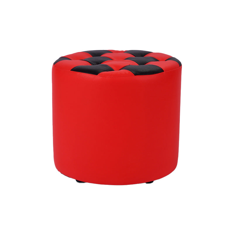 Contemporary Pouf Ottoman Faux Leather Tufted Square Pattern Cylinder Shape Ottoman