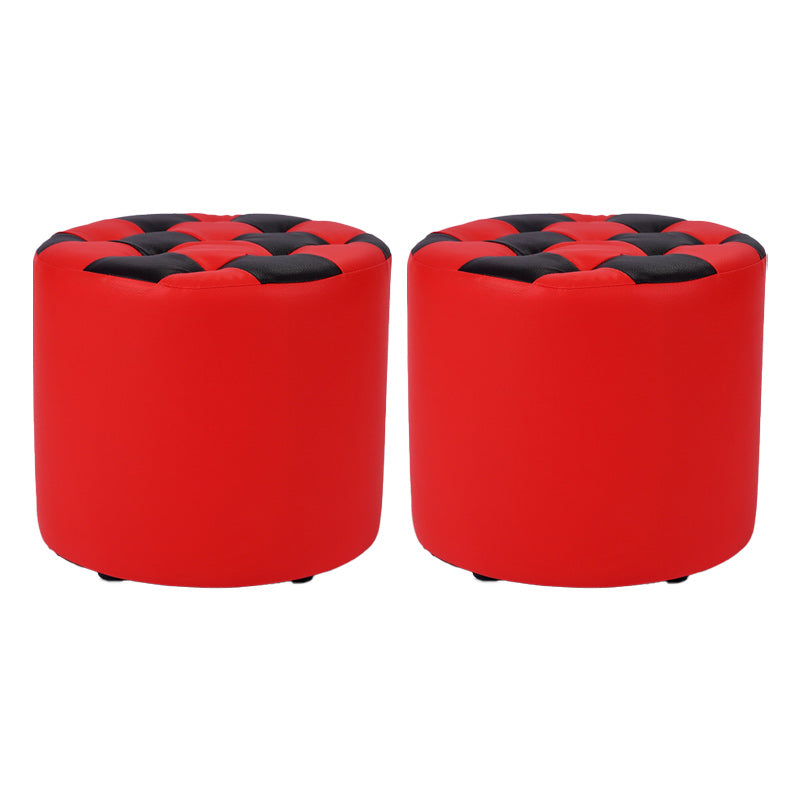 Contemporary Pouf Ottoman Faux Leather Tufted Square Pattern Cylinder Shape Ottoman