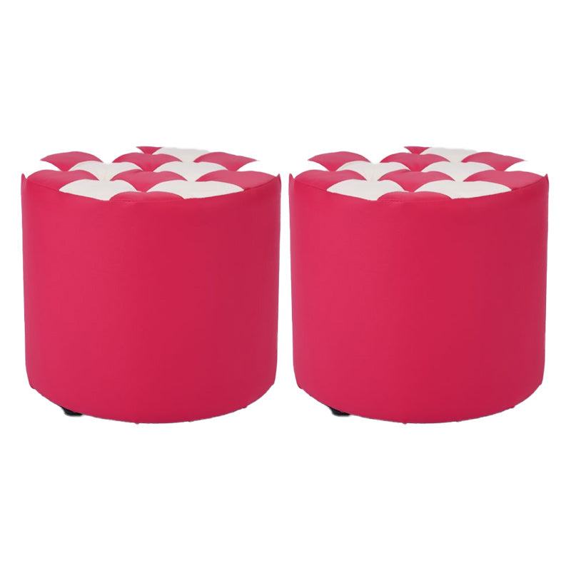 Contemporary Pouf Ottoman Faux Leather Tufted Square Pattern Cylinder Shape Ottoman