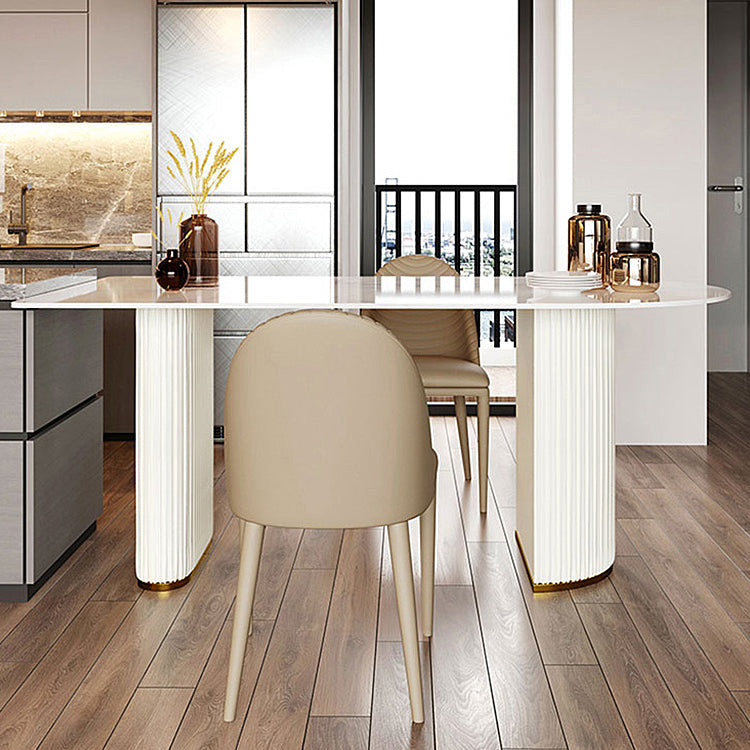 Double Pedestal Dining Table Stone Top Dining Table in White for Kitchen