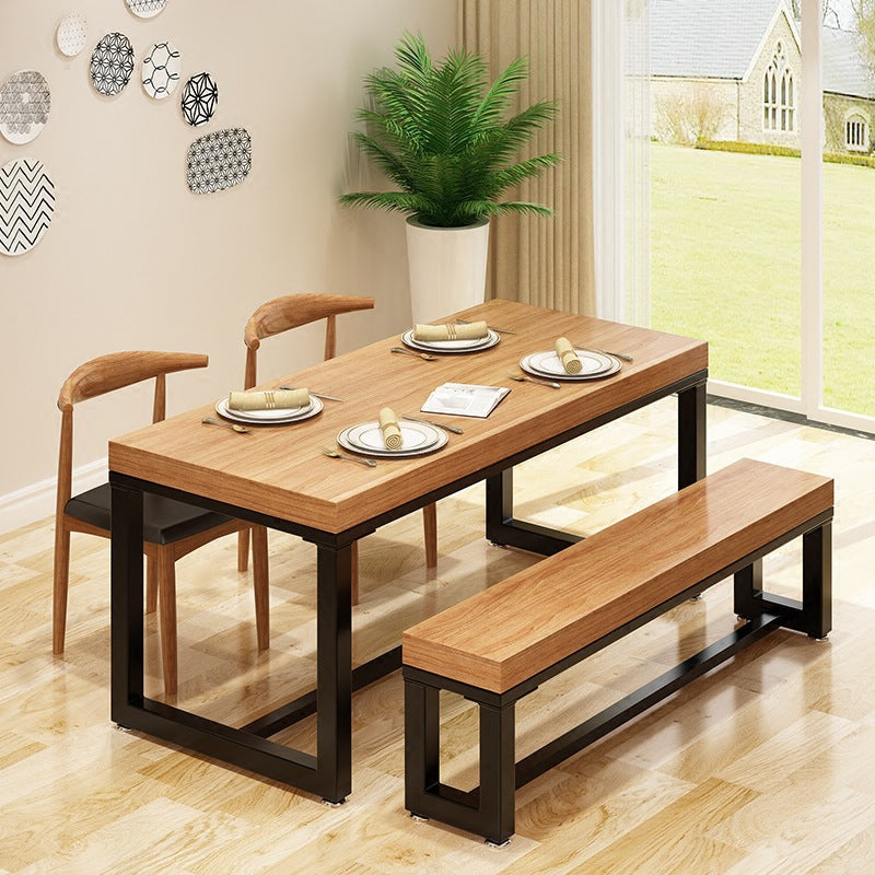 Industrial Natural Finish Dining Table Indoor Rectangle Table with Metal Base