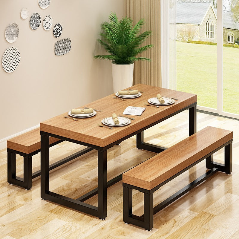Industrial Natural Finish Dining Table Indoor Rectangle Table with Metal Base