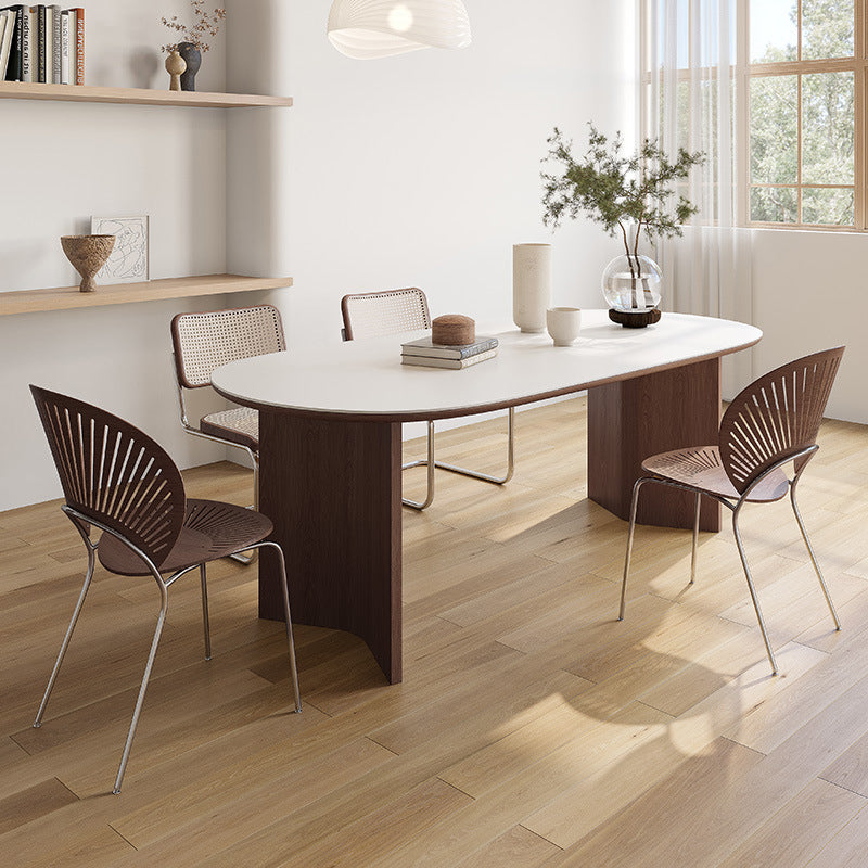 Modern Oval Table Sintered Stone Table with Wooden Legs for Home