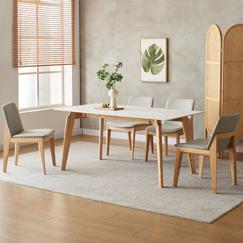 Mid-Century Modern Dining Table White Stone Top Table with Wooden Base