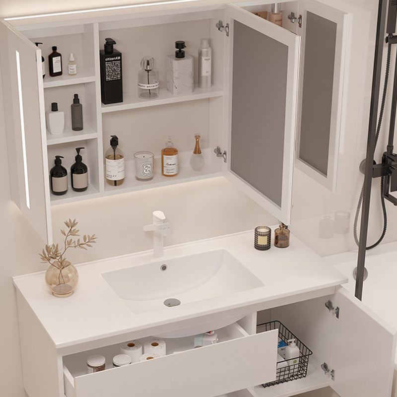 Drawers Vanity Set White Wood Rectangle Single Sink Wall Mount Bath Vanity with Mirror