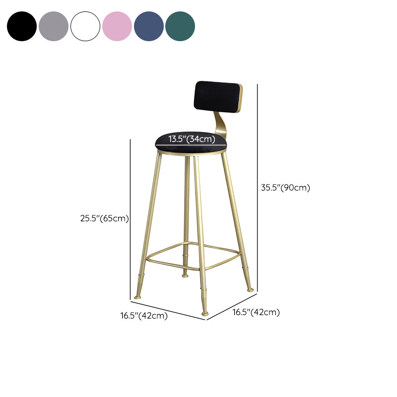 Glam Armless Backrest Counter Stool Iron Bar Stool with Velvet Cushion and Pedal for Cafe