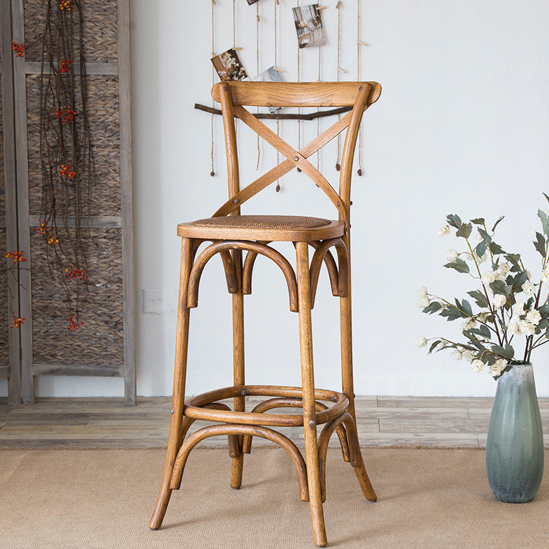 Oak Solid Wood and Rattan Bar Stool Modern Armless Indoor Bar Stool