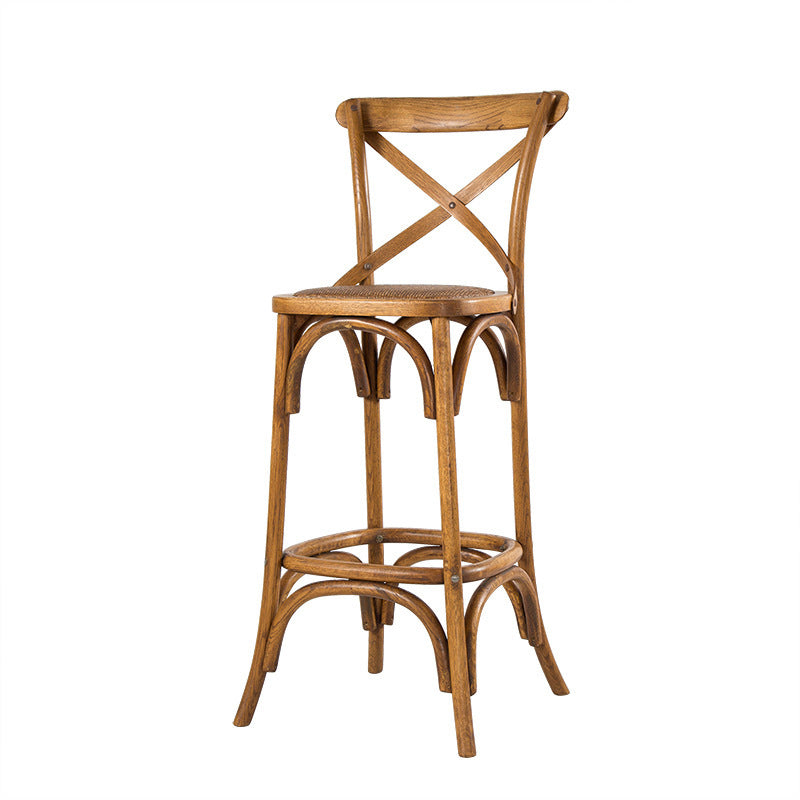 Oak Solid Wood and Rattan Bar Stool Modern Armless Indoor Bar Stool