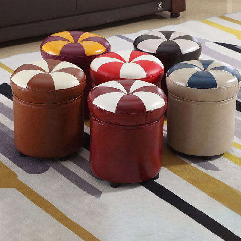 Wine Red Round Pouf Leather Color Piece Pouf for Drawing Room