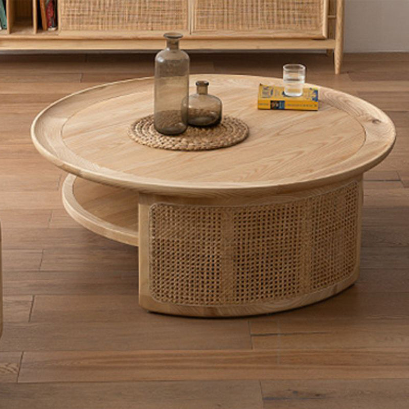 15"H Contemporary Cocktail Table Round Solid Wood Single Coffee Table