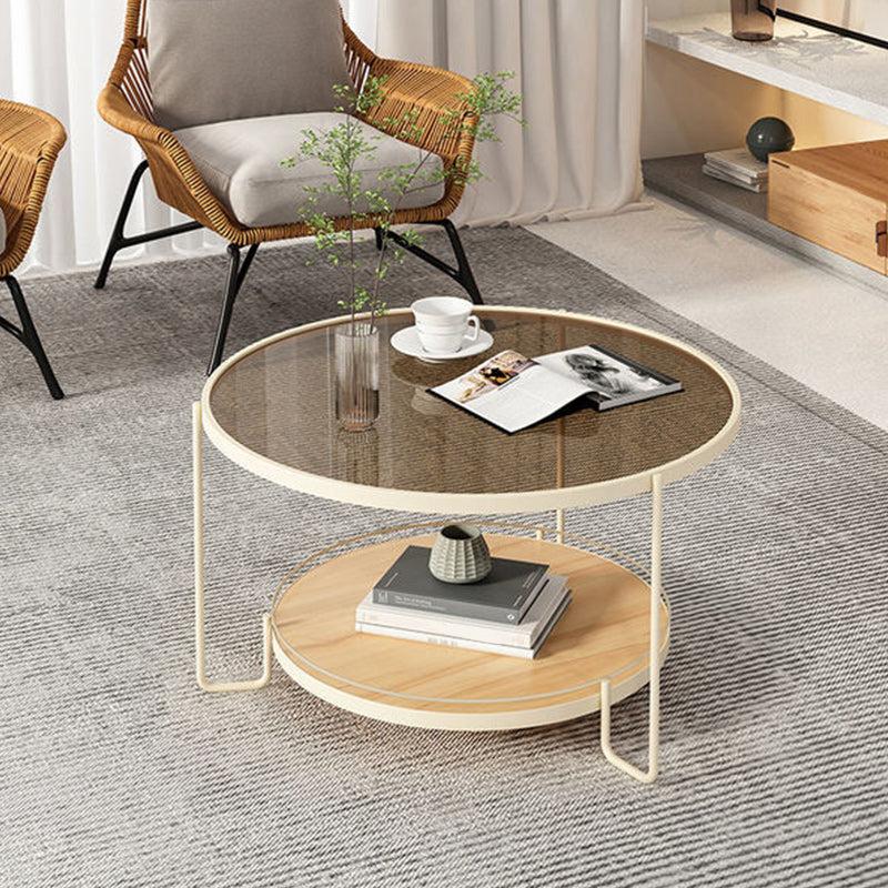 Glass Round Coffee Table 3 Legs Base Type Cocktail Table with Storage