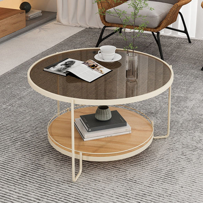 Glass Round Coffee Table 3 Legs Base Type Cocktail Table with Storage
