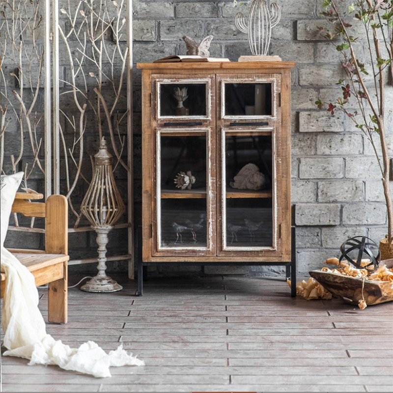 Industrial Rectangle Solid Wood With Doors Cabinet Distressed Wood Accent Cabinet