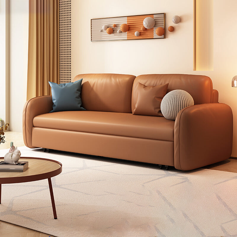 Sewn Pillow Back Seating Faux Leather Sofa with Pillows in Brown