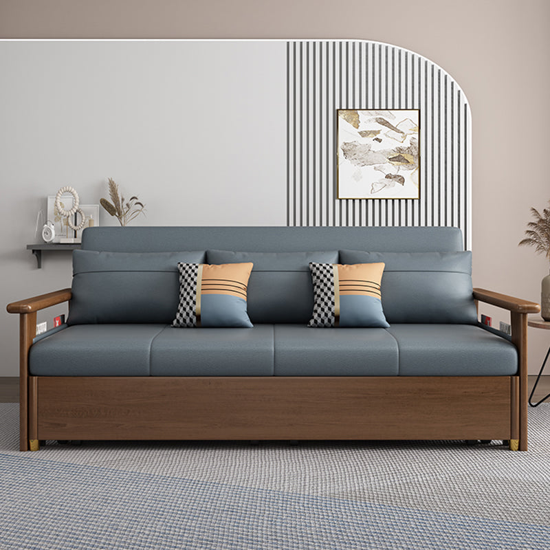 Convertible Square Arm Sofa with Pillows Faux Leather Sofa Bed in Blue