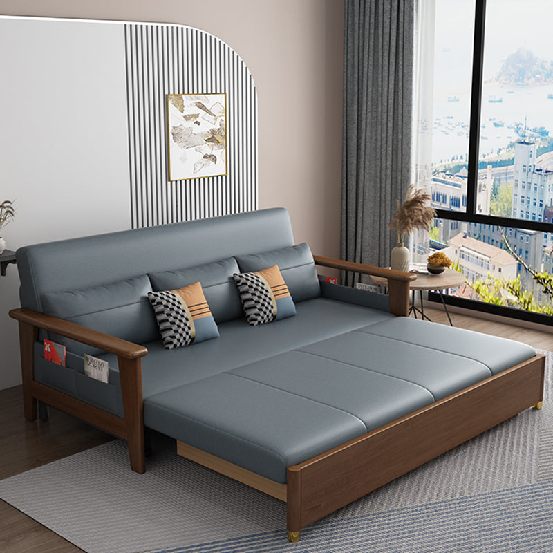 Convertible Square Arm Sofa with Pillows Faux Leather Sofa Bed in Blue