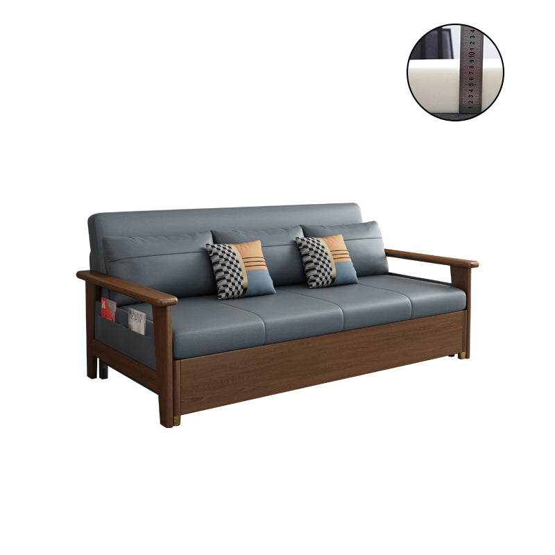 Convertible Square Arm Sofa with Pillows Faux Leather Sofa Bed in Blue