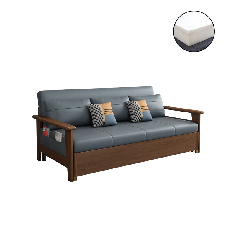 Convertible Square Arm Sofa with Pillows Faux Leather Sofa Bed in Blue