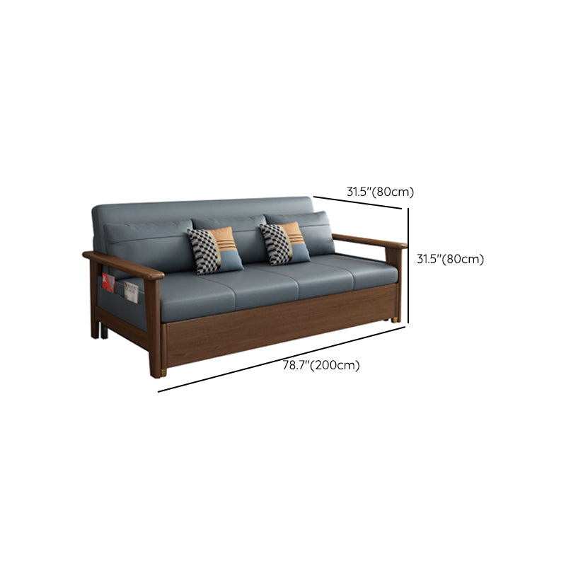 Convertible Square Arm Sofa with Pillows Faux Leather Sofa Bed in Blue