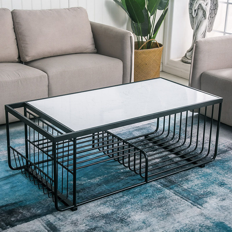 Glam Rectangle Coffee Table with 3 Shelves and Marble Top Cocktail Table