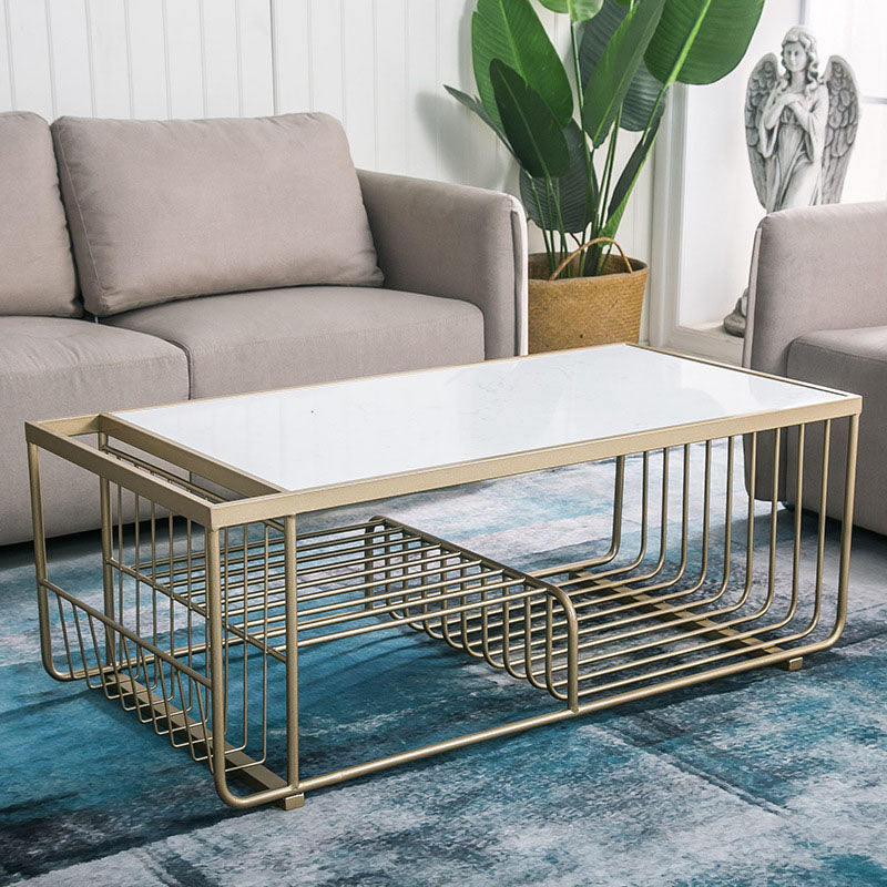 Glam Rectangle Coffee Table with 3 Shelves and Marble Top Cocktail Table