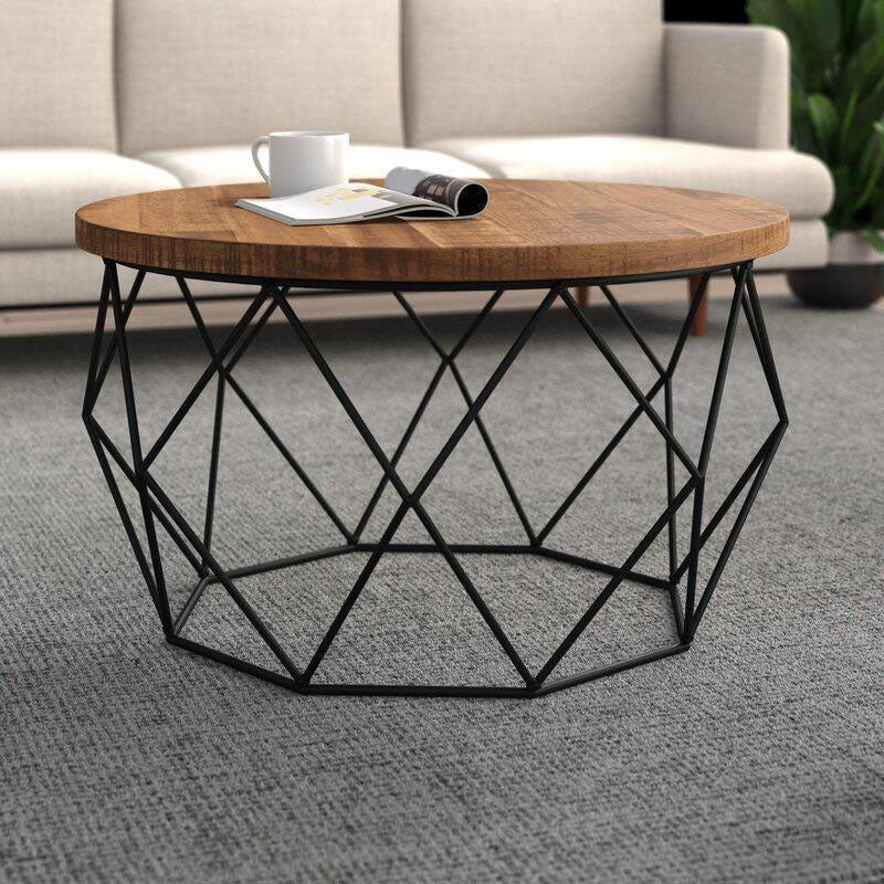 Contemporary Solid Wood Coffee Table with Round Top and Metal Base