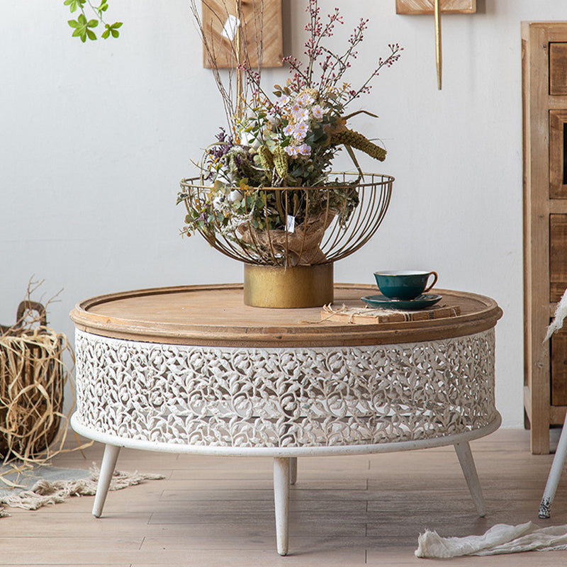French Country Round Coffee Table with Natural Pine Wood Top