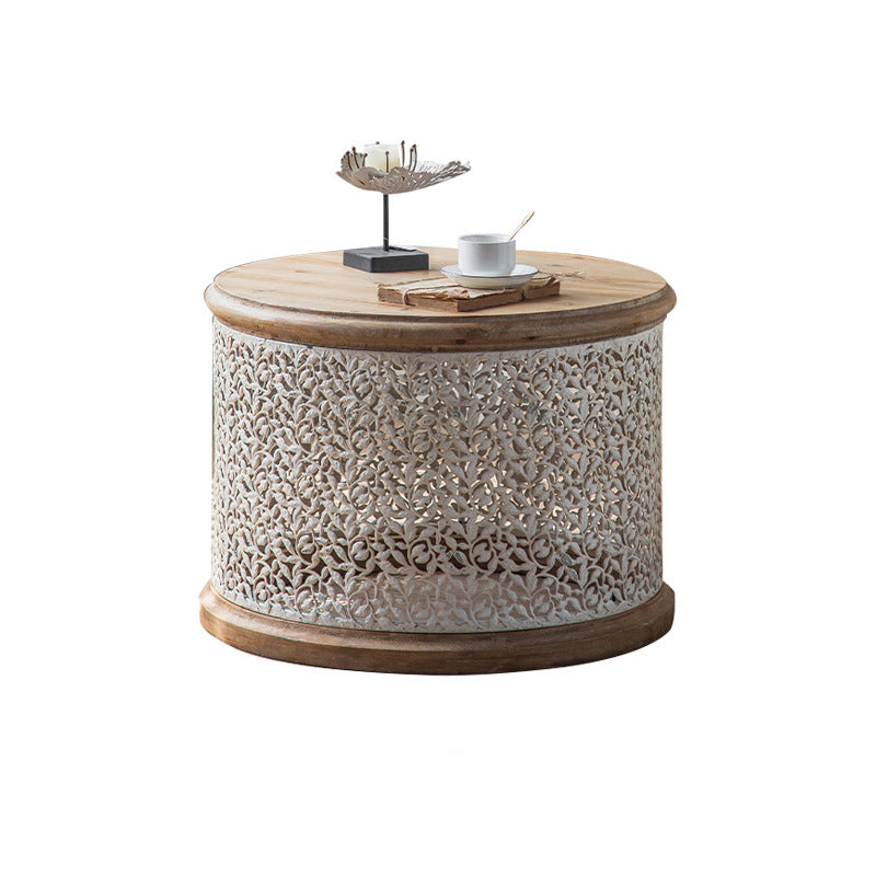 French Country Round Coffee Table with Natural Pine Wood Top
