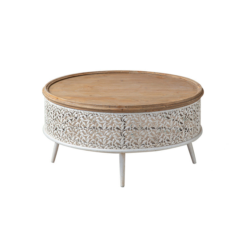 French Country Round Coffee Table with Natural Pine Wood Top