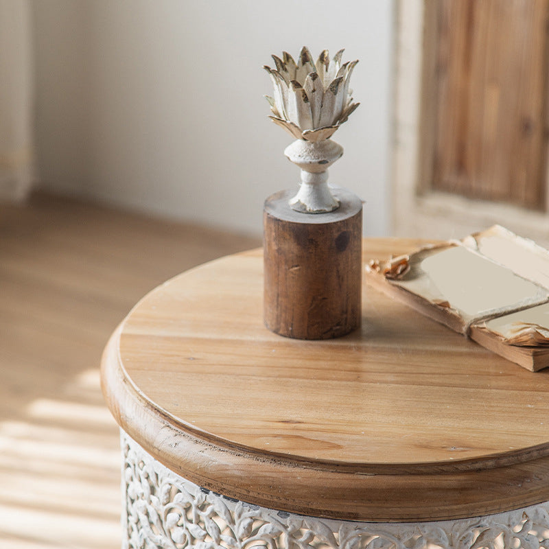 French Country Round Coffee Table with Natural Pine Wood Top