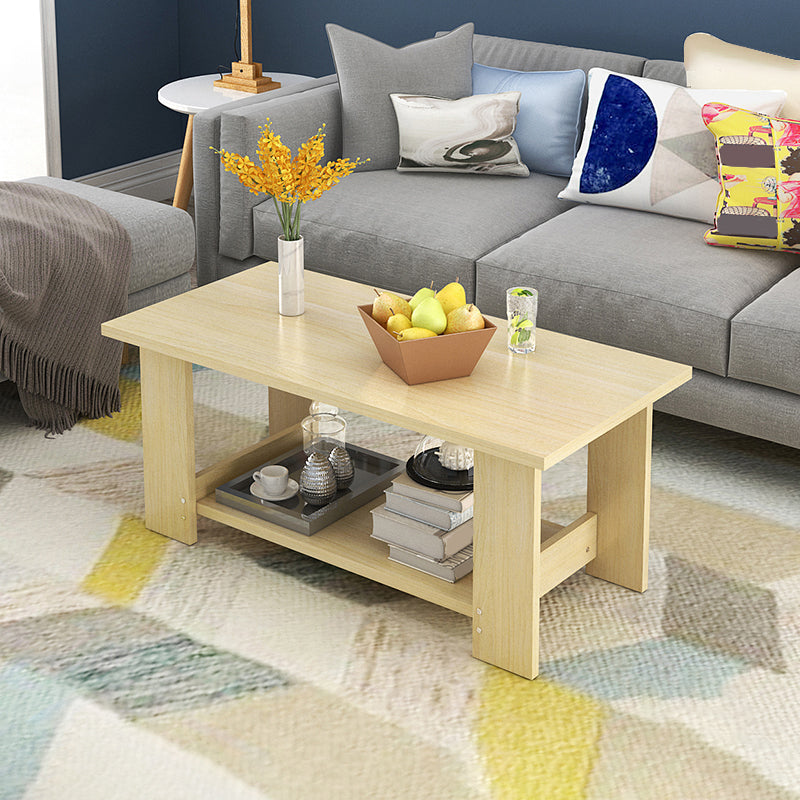 16.53" Tall Rectangle Top Coffee Table Wooden 4 Legs Cocktail Table with Shelf