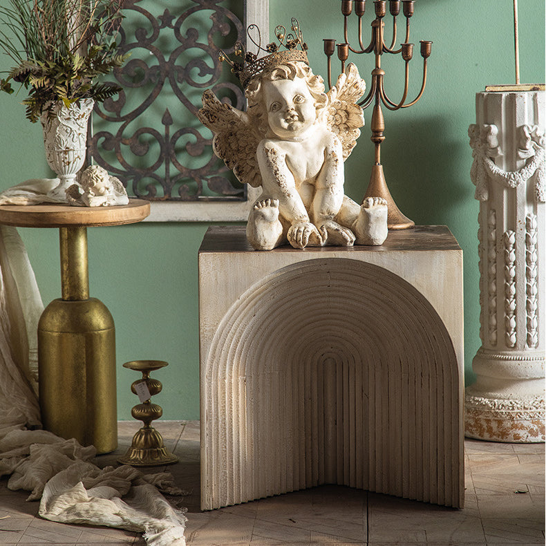 Solid Wood Drum End Table Rustic Engraved Design Accent Side Table