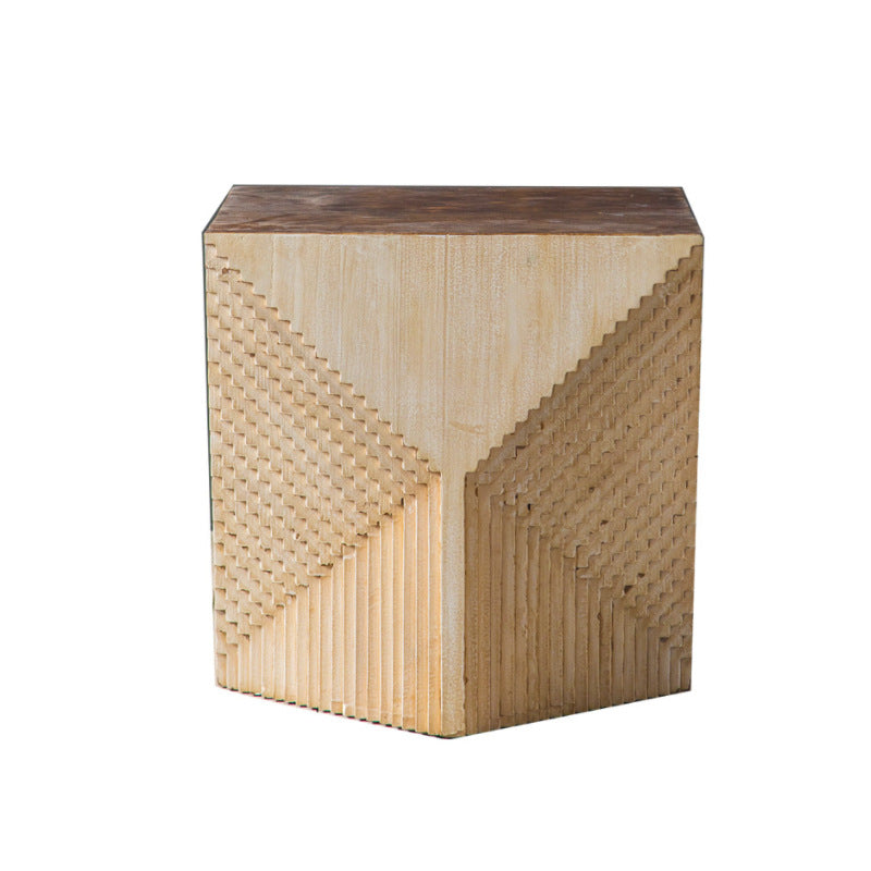 Solid Wood Drum End Table Rustic Engraved Design Accent Side Table