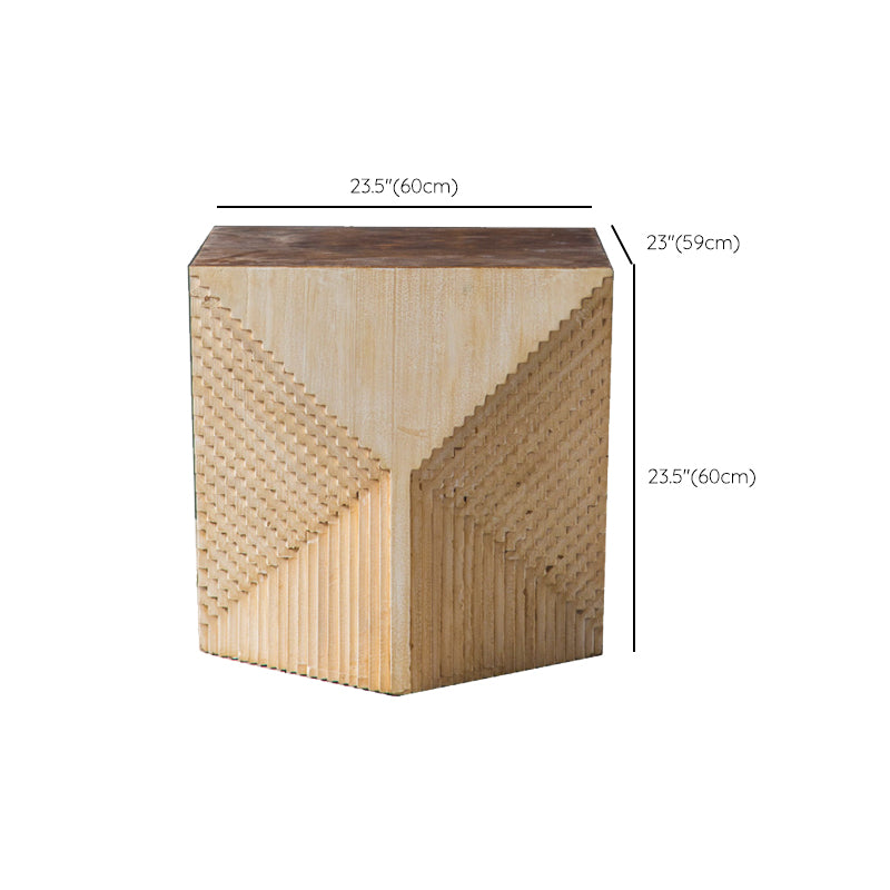 Solid Wood Drum End Table Rustic Engraved Design Accent Side Table
