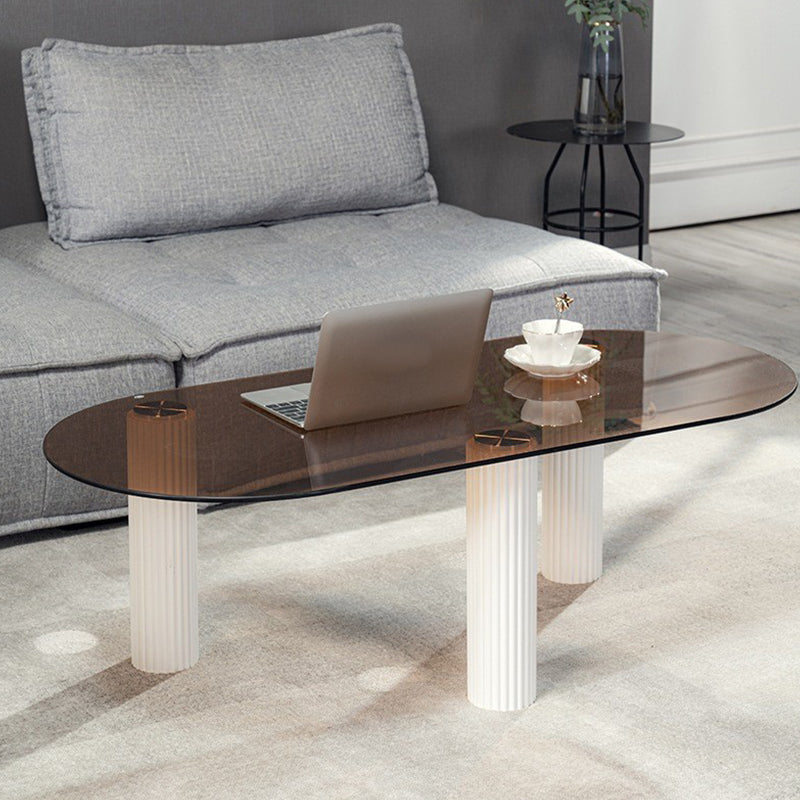 Contemporary Oval Glass Top Coffee Table with 3 Wooden Legs Cocktail Table