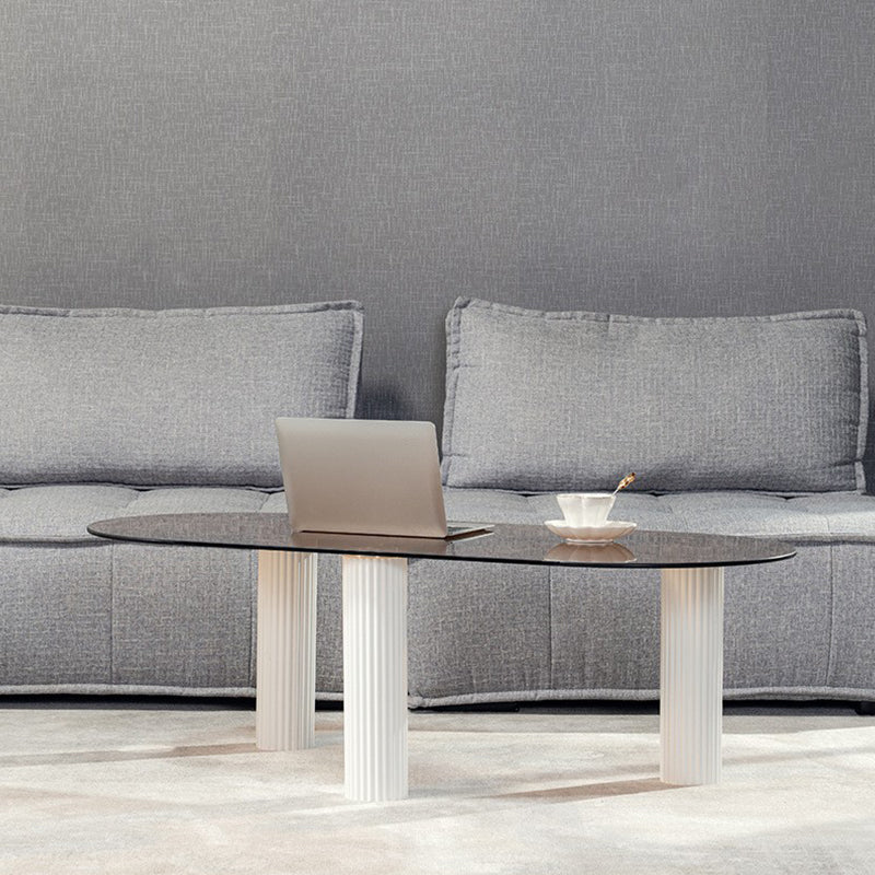 Contemporary Oval Glass Top Coffee Table with 3 Wooden Legs Cocktail Table