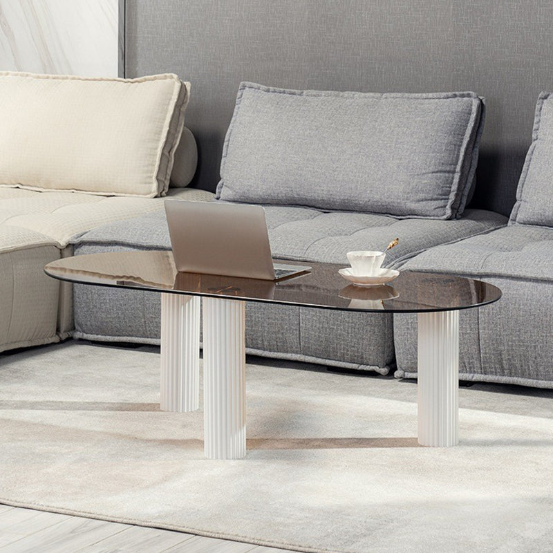 Contemporary Oval Glass Top Coffee Table with 3 Wooden Legs Cocktail Table
