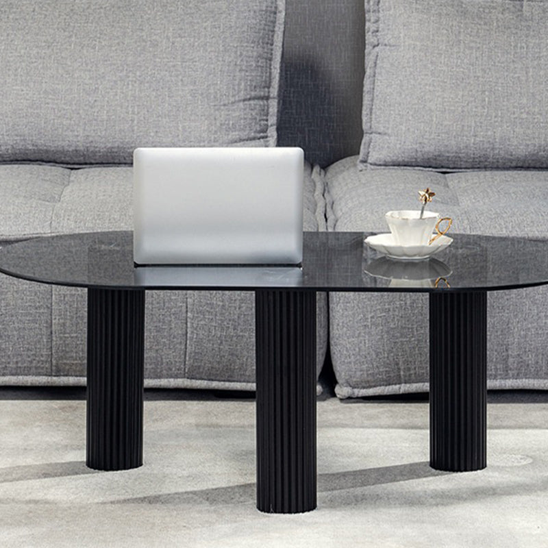 Contemporary Oval Glass Top Coffee Table with 3 Wooden Legs Cocktail Table