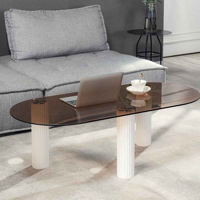 Contemporary Oval Glass Top Coffee Table with 3 Wooden Legs Cocktail Table
