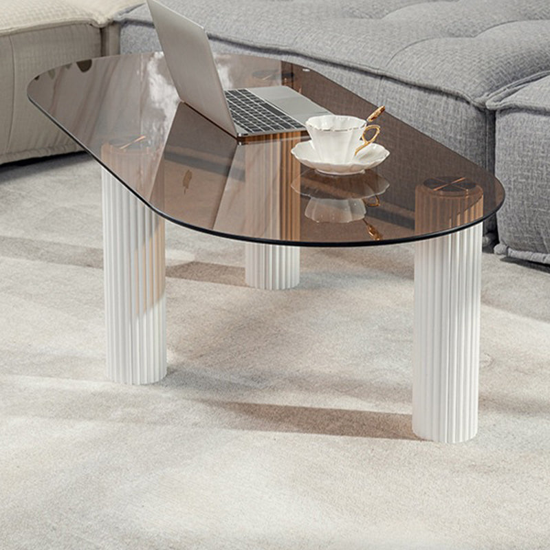 Contemporary Oval Glass Top Coffee Table with 3 Wooden Legs Cocktail Table