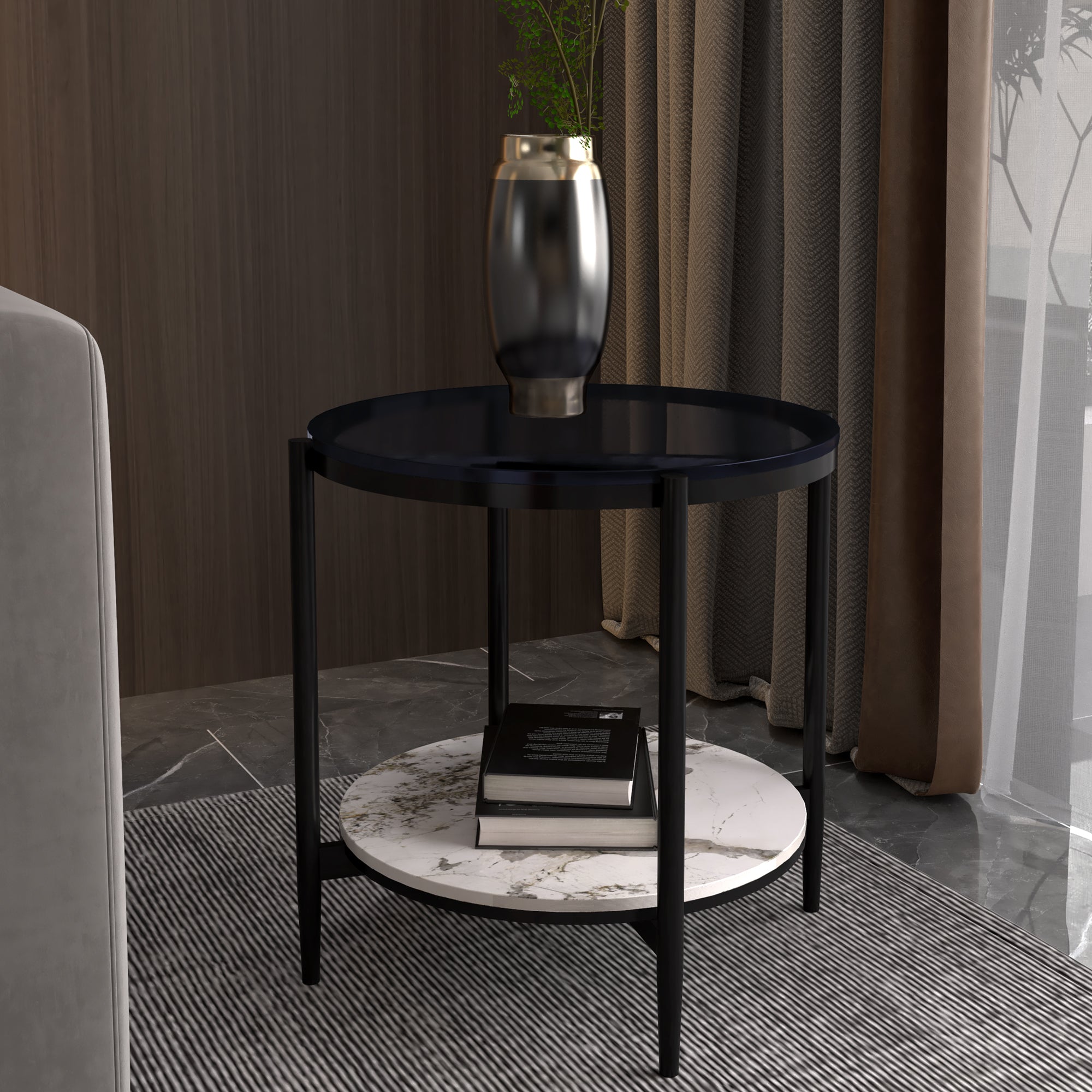 Modernistic 4 Legs Round Double Tier Living Room Accent Side Table